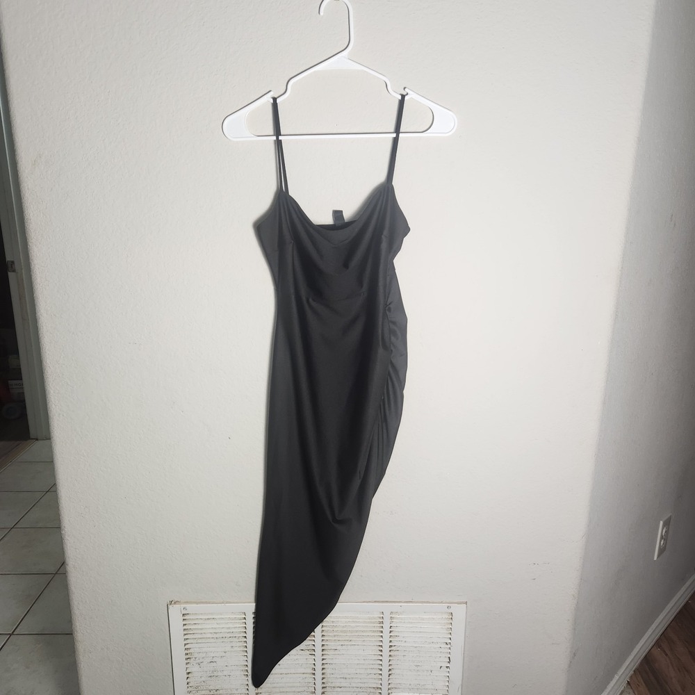 Windsor Black Satin Cowl Neck Asymmetric Ruched Stretch Slip Bodycon Dress M